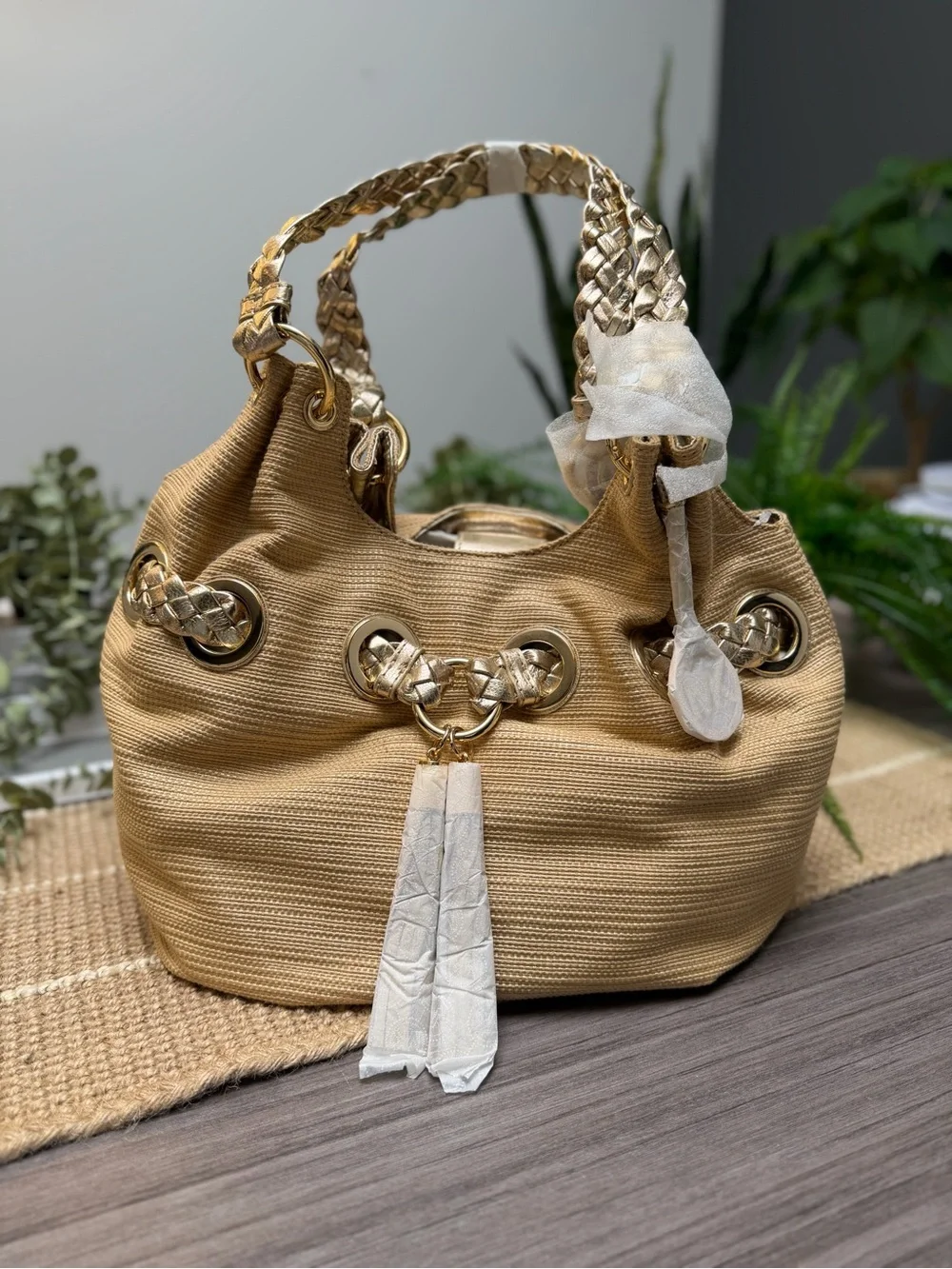 NWT Michael Kors Braided Grommet Large Hobo Bag Gold Beige MSRP $398